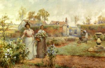 阿爾弗雷德 格倫迪甯 A Lady And Her Maid Picking Chrysanthemums